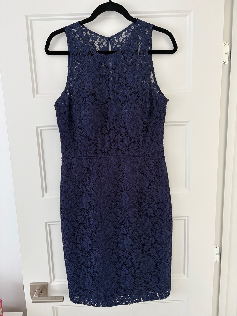 Donna Morgan Navy Floral Lace Midi Sheath Dress